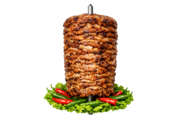 Shawarma meat cooking on vertical rotisserie, ready for slicing, serving, with fresh lettuce and chili peppers