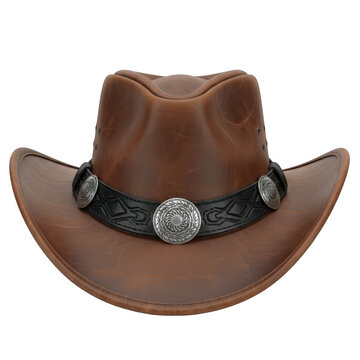 Brown cowboy hat with silver conchos isolated on transparent background