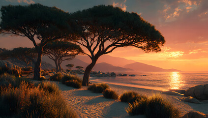 Coastal scene with Stone Pine trees and sunset over a beach in Tuscany, Italy