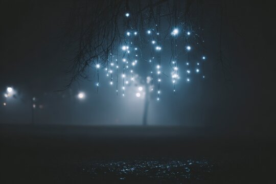 Night scene with lights creating a glow in a foggy park setting at dusk