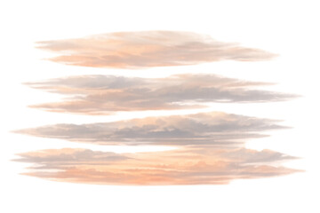 Separated and isolated cirrus and stratocumulus clouds with pink and orange colors on transparent background
