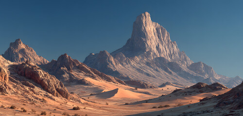 Expansive desert landscape panorama with jagged sandy mountains. Rolling dunes create a stark, arid terrain under a bright sky. Vastness and solitude define this barren wilderness environment.