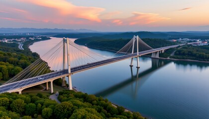 Fototapeta premium Suspension Bridge Dawn Grandeur and Serenity