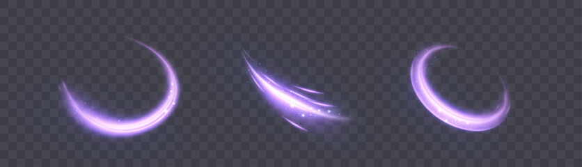 Abstract purple glowing light trails creating dynamic motion and energy on a transparent background, suitable for overlaying digital design and graphic compositions