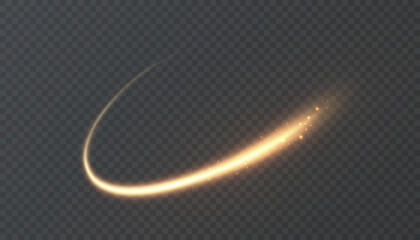 Golden glowing light trail forming a curved arc, featuring a bright core and shimmering dust particles, creating an energetic and elegant visual effect against a transparent background

