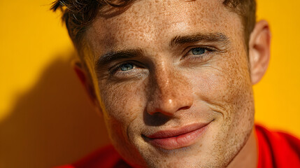 Confident lifeguard man wearing red shirt smiles against a bright yellow background, conveying positivity and readiness.