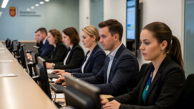 image of public servants working behind a service counter, blurred faces