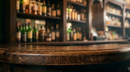 Rustic Wooden Bar Counter with Blurred Bottles Background