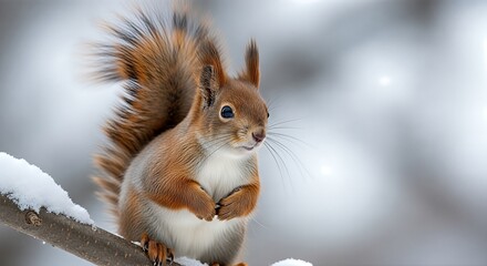 A serene wildlife scene in winter, a squirrel standing on a snowy branch, gazing curiously into the distance.