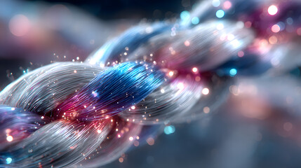 Illuminated Fiber Optic Cables: The image displays a bundle of fiber optic cables with the fiber optic cable shining, symbolizing communication, connectivity, and technological advancement.