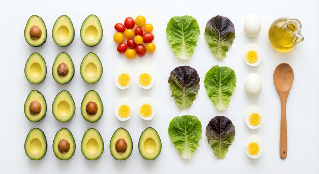 Healthy food flat lay composition with avocado, eggs, tomatoes, lettuce and olive oil arranged on white background