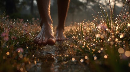Barefoot walking through a serene dewy meadow at sunset