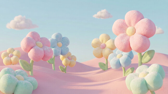 Cute 3D pastel flower garden landscape with fluffy texture and clouds on blue sky background for spring fantasy concept