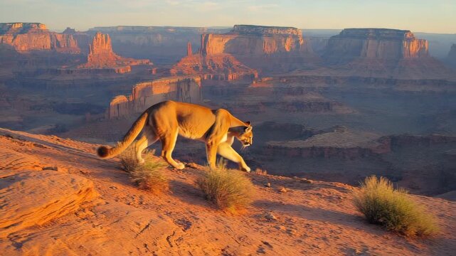 Mountain lion walking across rugged desert canyon landscape at sunset with dramatic rock