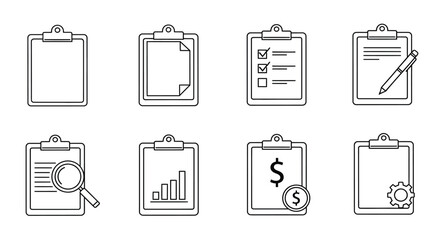 Set of clipboard icons representing various tasks