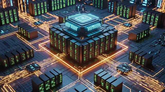 Aerial view of a futuristic data center with glowing servers and digital infrastructure
