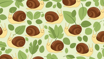 Obraz premium Whimsical seamless pattern featuring cute brown snails with smiling faces crawling among various green leaves on a light background.