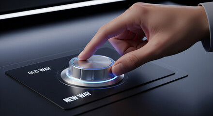 Hand turning dial from old way to new way, symbolizing change and innovation