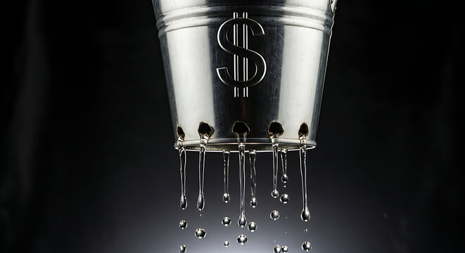 Financial challenges visualized Leaking dollar bucket highlights monetary loss and economic instability