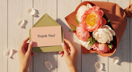 Hands holding a "Thank You" card with a beautiful bouquet of peonies, conveying gratitude and appreciation.