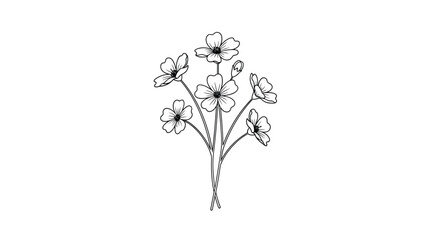 Line art drawing of a small bunch of delicate five-petaled flowers with thin stems on a white background for elegant and simple decor.