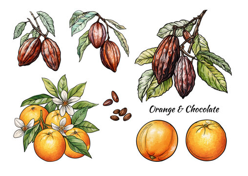 Oranges and chocolate cacao botanical set. Hand-drawn fruits, cacao pods, orange blossoms, beans, and leaves in vintage culinary style for dessert, baking, kitchen, food, sweet, and ingredient designs