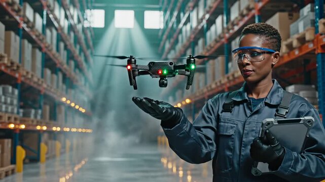 Woman operates drone hovering in warehouse holding controller for inventory. Worker controls drone in warehouse storage. Woman pilot manages drone with controller. Warehouse drone operation.