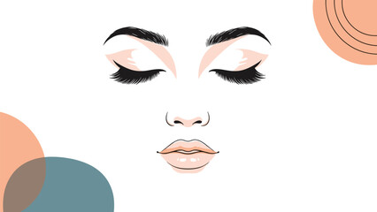 Artistic minimalist illustration of a womans face with closed eyes featuring long eyelashes, perfectly shaped eyebrows, and pink lips.