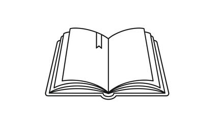Minimalist black and white outline illustration of an open book featuring a small bookmark at the top center of the page.