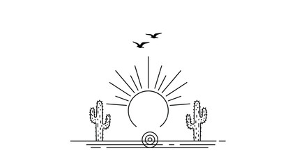 Simple black and white line art depicting a serene desert landscape with a rising sun, tall cacti, and flying birds.
