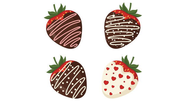 Set of four delicious chocolate dipped strawberries decorated with various icing patterns including white lines, pink swirls, and hearts.