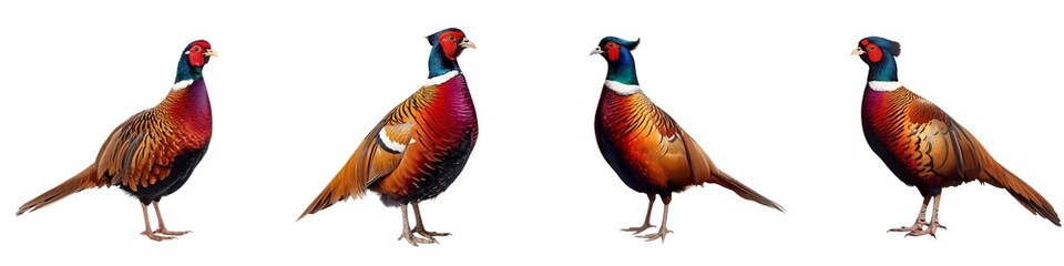 Side view of a colorful common pheasant set isolated on white. pheasant isolated
