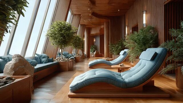 Spa Retreat Serenity: Envision a tranquil spa sanctuary, where luxurious lounge chairs invite relaxation amidst lush greenery and panoramic windows showcasing the world.