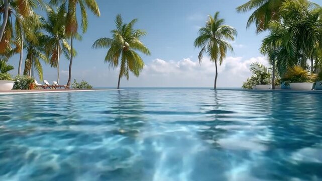 Infinity Pool Paradise: An inviting infinity pool meets the vast expanse of the ocean. Palm trees swaying gently in the tropical breeze, creating a tranquil oasis.