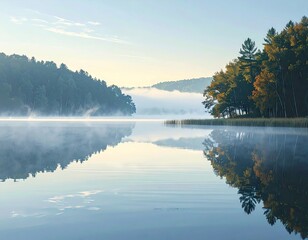 Calm lake reflects misty trees and sky at sunrise.