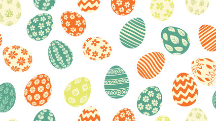 Seamless pattern of colorful Easter eggs decorated with various floral and geometric motifs scattered across a white background.