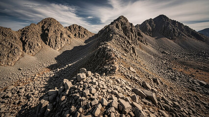 Dramatic rocky mountain landscape with rugged peaks, creating a sense of adventure with natural lighting and earthy tones under a cloudy sky