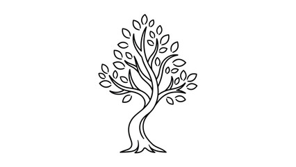 Obraz premium Elegant black and white line art of a stylistic tree with a winding trunk and many small oval leaves on a plain white background.