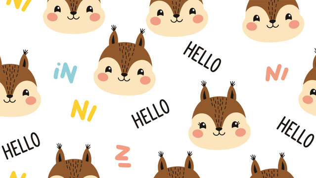 Cute pattern of smiling squirrel faces with the words hello and ni scattered across a white background in a playful style.