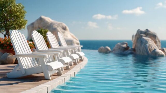 Seaside Serenity: A row of inviting chairs overlooks a stunning infinity pool that merges seamlessly with the endless ocean, offering an idyllic escape.