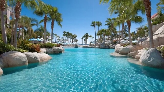 Tropical Poolside Oasis: Capture the essence of paradise, as the sparkling, azure pool invites relaxation. Palm trees sway gently in the breeze, creating a perfect scene of tranquility and escape.