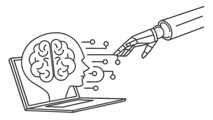 Fototapeta premium Robot arm interacts with human brain, AI concept, futuristic technology, innovation