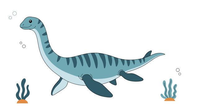 Friendly cartoon plesiosaur dinosaur swimming through deep blue ocean water with floating bubbles and green seaweed in a prehistoric setting.