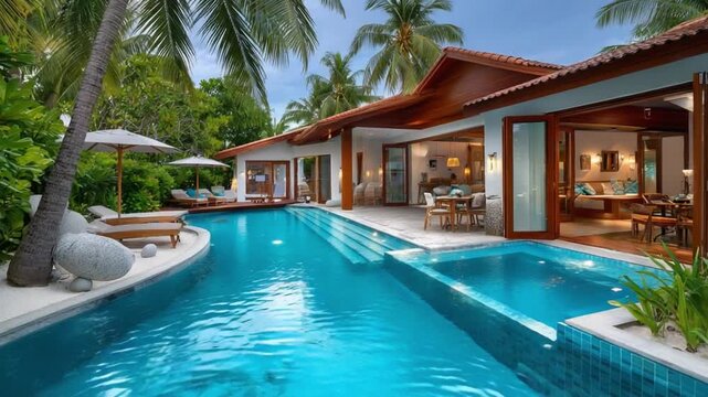 Paradise Found: A luxurious villa with a stunning infinity pool, seamlessly blending indoor and outdoor living. Enveloped by lush tropical foliage and inviting a sense of serenity.