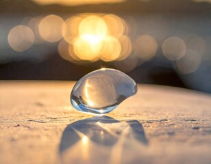 Sunlit ice droplet casts a shadow on a frosted surface.