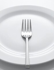 and keyword list based on the image

 Silverware Fork and Empty White Plate on White Surface, Top-Down View, Ready for Dining