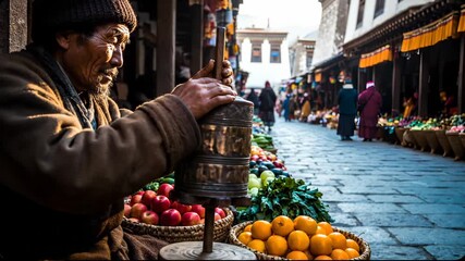Elder man spins prayer wheel at street market with fresh fruit in baskets. Senior vendor uses tibetan cylinder near oranges. Man at market spins prayer wheel beside fruit. Elder sells produce.