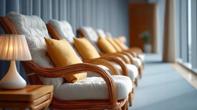 Serene Relaxation Zone: A row of inviting armchairs are meticulously arranged along a window. Each is adorned with a plush cushion, ready to provide relaxation.