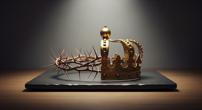 A golden crown and a crown of thorns rest side-by-side, symbolizing royalty and sacrifice.