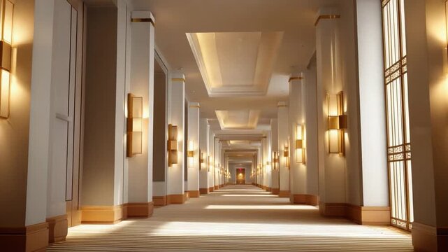 Elegant Corridor with Geometric Harmony: A sophisticated architectural design, showcasing a lengthy corridor adorned with symmetrical pillars, warm lighting, and geometric patterns.